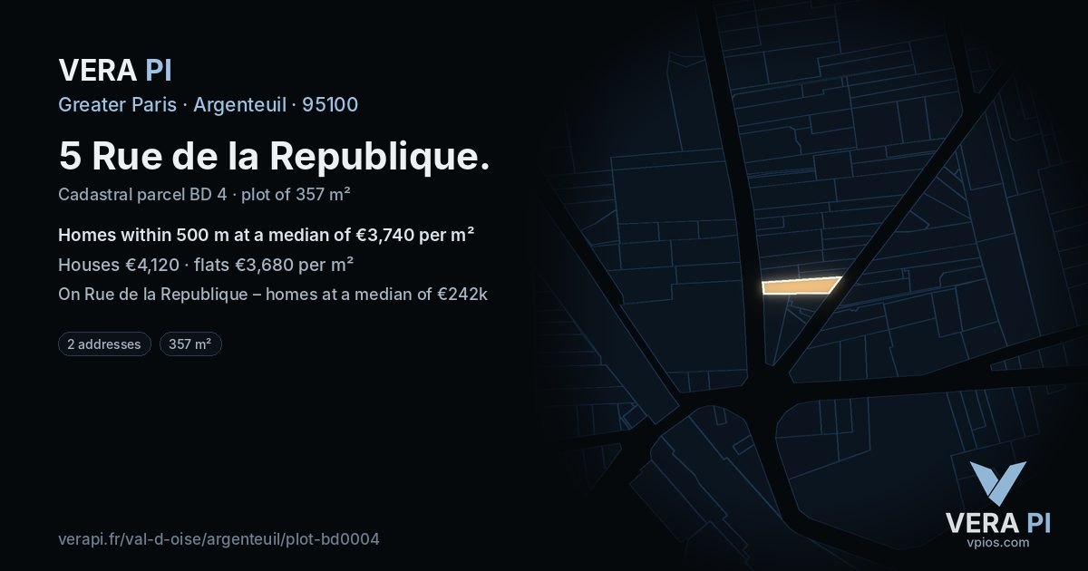 5 Rue de la Republique, Argenteuil at night – the plot lit, the parcels around coloured by the prices near them