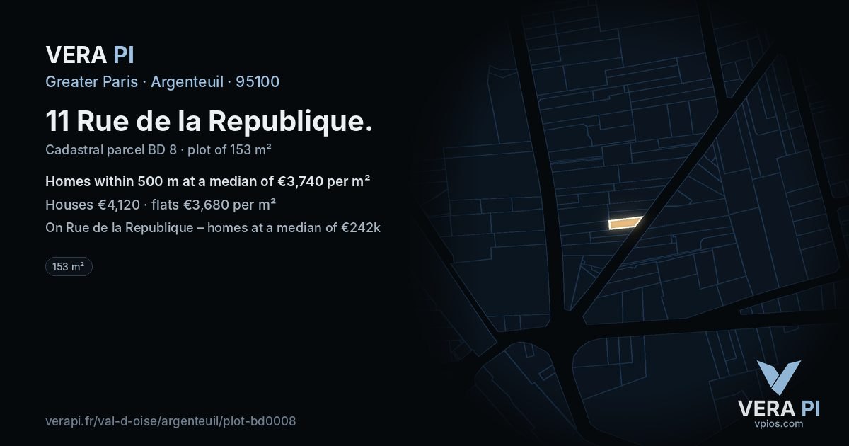11 Rue de la Republique, Argenteuil at night – the plot lit, the parcels around coloured by the prices near them