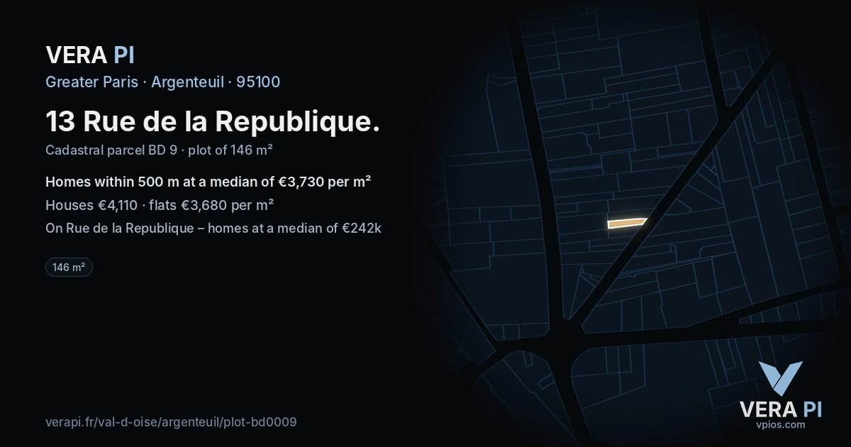 13 Rue de la Republique, Argenteuil at night – the plot lit, the parcels around coloured by the prices near them