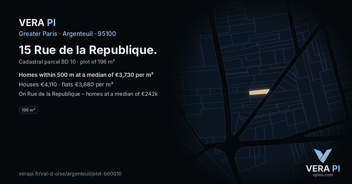 15 Rue de la Republique, Argenteuil at night – the plot lit, the parcels around coloured by the prices near them