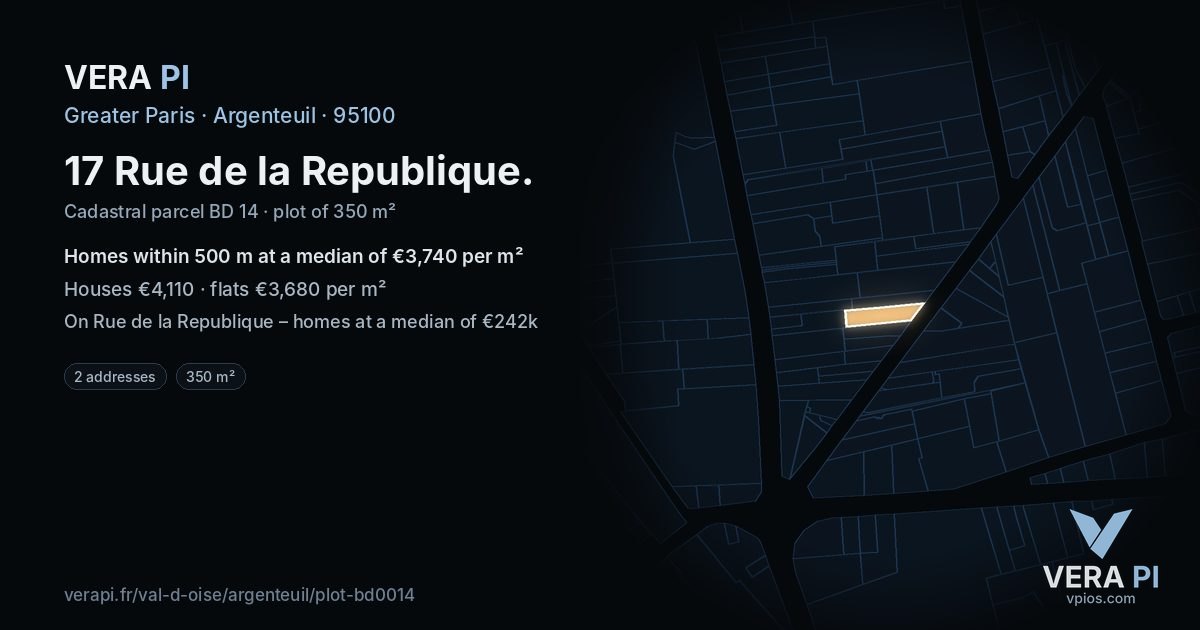 17 Rue de la Republique, Argenteuil at night – the plot lit, the parcels around coloured by the prices near them