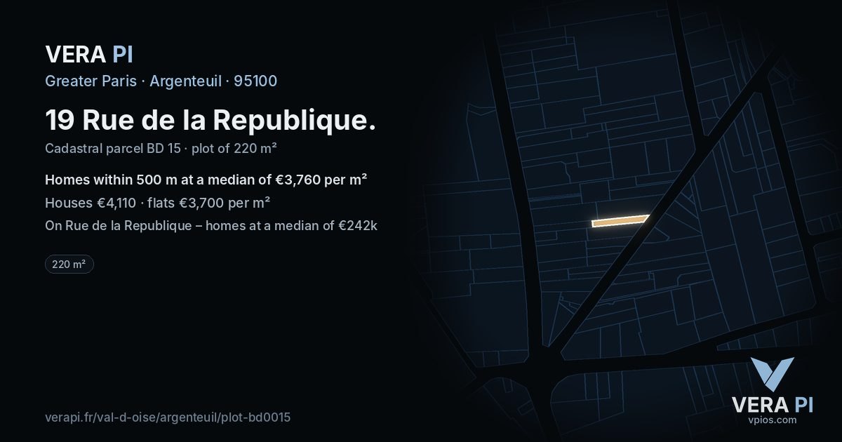 19 Rue de la Republique, Argenteuil at night – the plot lit, the parcels around coloured by the prices near them