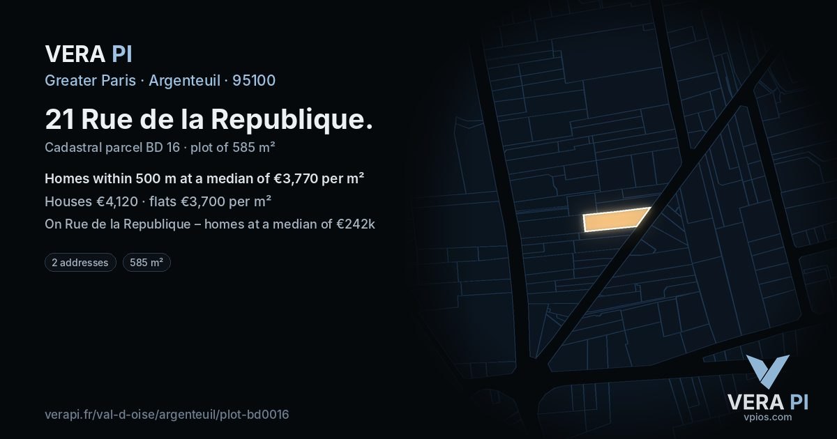 21 Rue de la Republique, Argenteuil at night – the plot lit, the parcels around coloured by the prices near them
