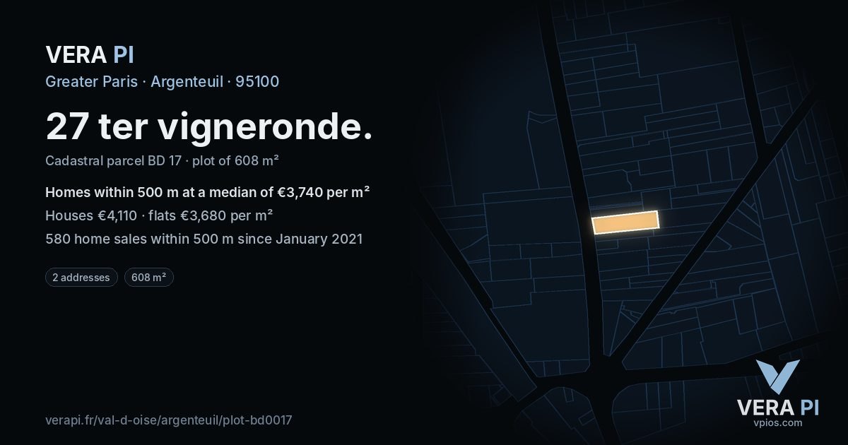27 ter vigneronde, Argenteuil at night – the plot lit, the parcels around coloured by the prices near them