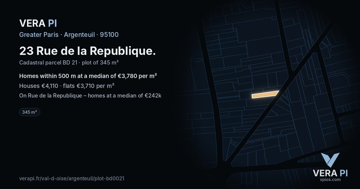 23 Rue de la Republique, Argenteuil at night – the plot lit, the parcels around coloured by the prices near them