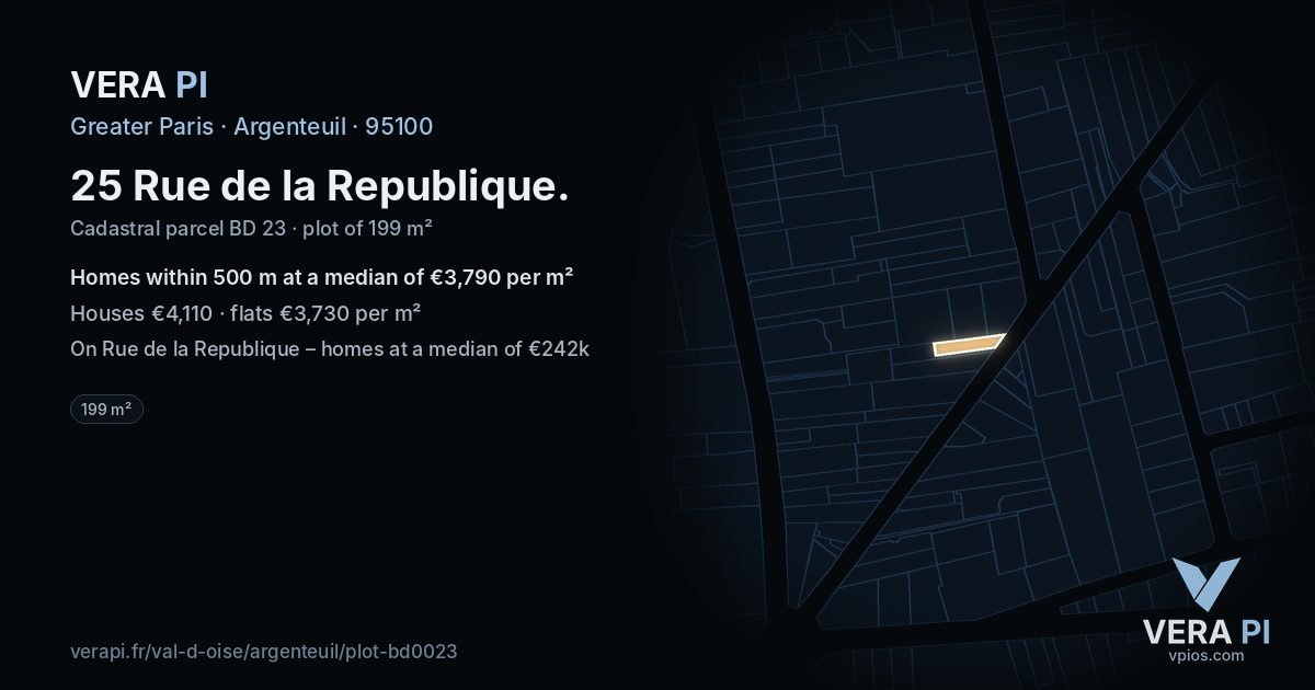 25 Rue de la Republique, Argenteuil at night – the plot lit, the parcels around coloured by the prices near them