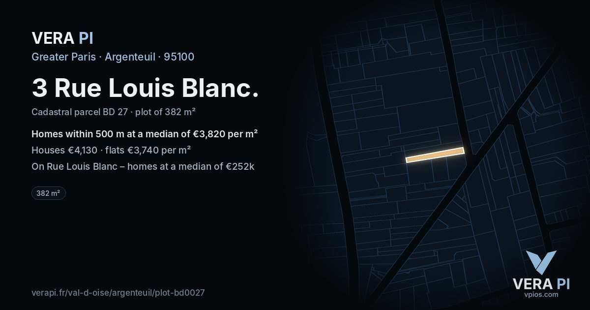 3 Rue Louis Blanc, Argenteuil at night – the plot lit, the parcels around coloured by the prices near them