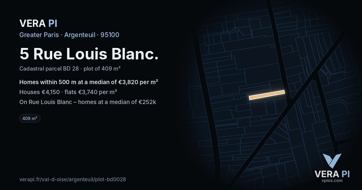 5 Rue Louis Blanc, Argenteuil at night – the plot lit, the parcels around coloured by the prices near them