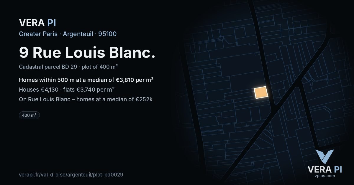 9 Rue Louis Blanc, Argenteuil at night – the plot lit, the parcels around coloured by the prices near them