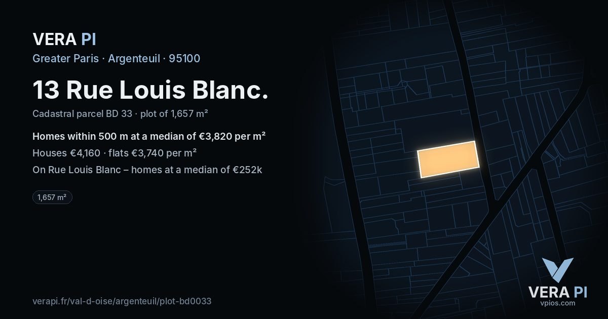 13 Rue Louis Blanc, Argenteuil at night – the plot lit, the parcels around coloured by the prices near them