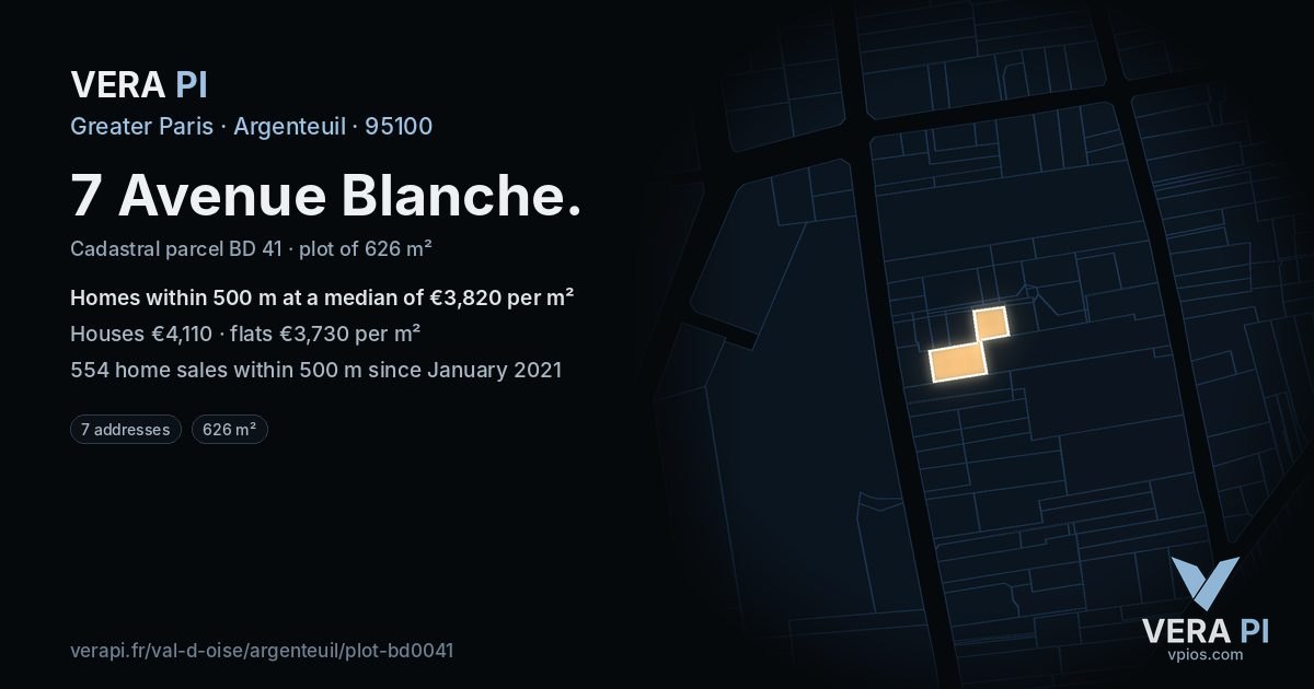 7 Avenue Blanche, Argenteuil at night – the plot lit, the parcels around coloured by the prices near them
