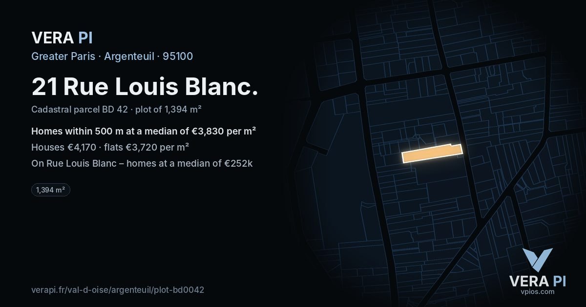 21 Rue Louis Blanc, Argenteuil at night – the plot lit, the parcels around coloured by the prices near them