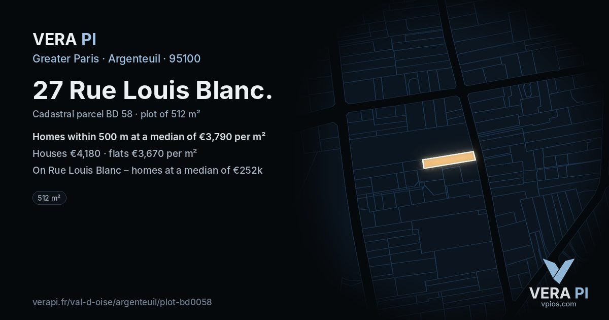 27 Rue Louis Blanc, Argenteuil at night – the plot lit, the parcels around coloured by the prices near them