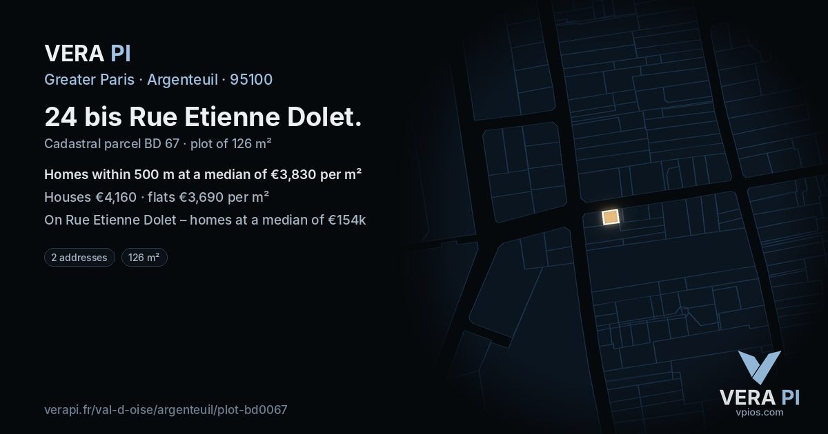 24 bis Rue Etienne Dolet, Argenteuil at night – the plot lit, the parcels around coloured by the prices near them