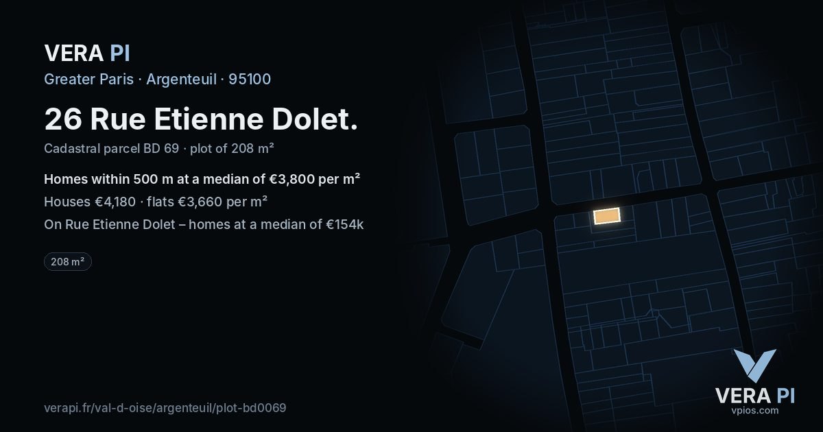 26 Rue Etienne Dolet, Argenteuil at night – the plot lit, the parcels around coloured by the prices near them