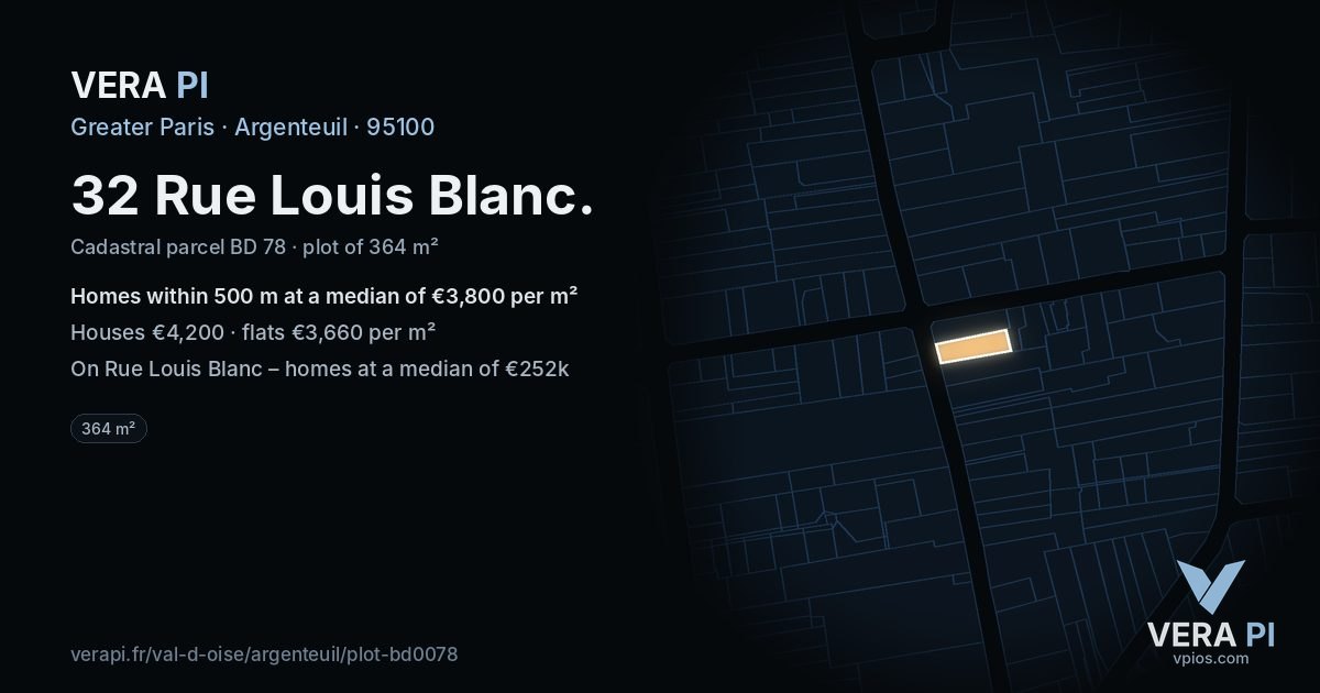 32 Rue Louis Blanc, Argenteuil at night – the plot lit, the parcels around coloured by the prices near them