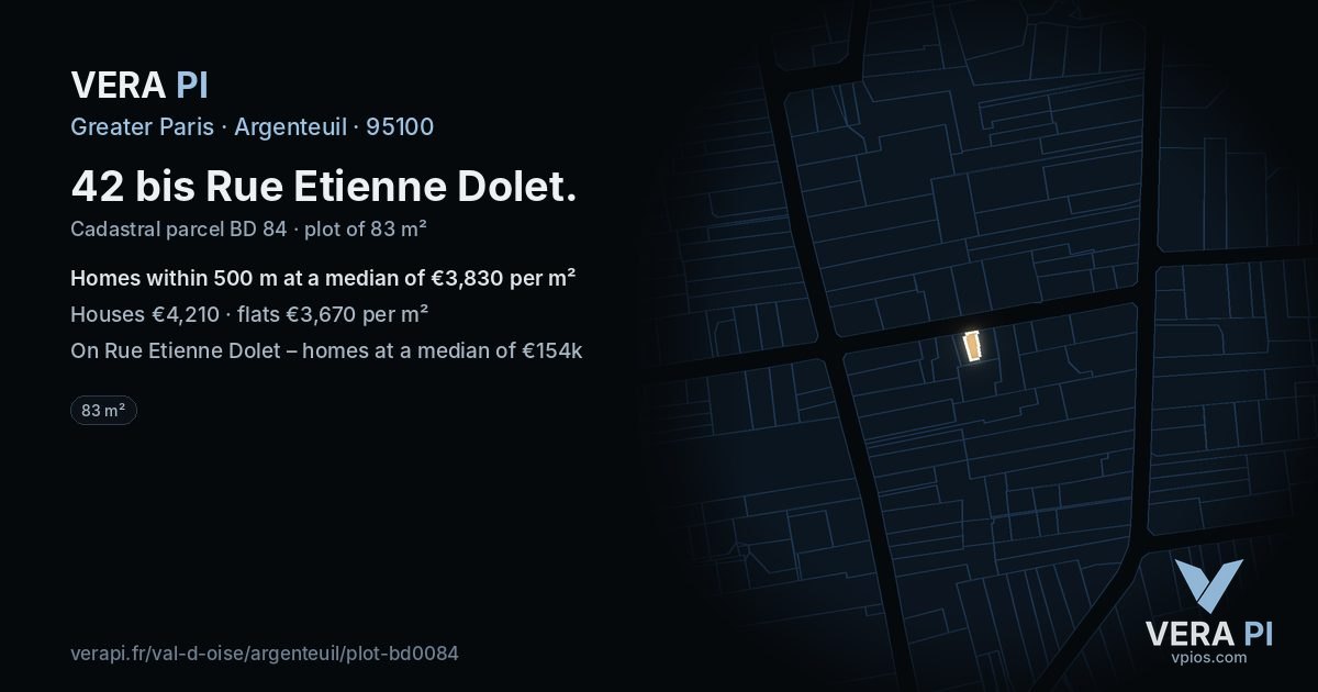 42 bis Rue Etienne Dolet, Argenteuil at night – the plot lit, the parcels around coloured by the prices near them