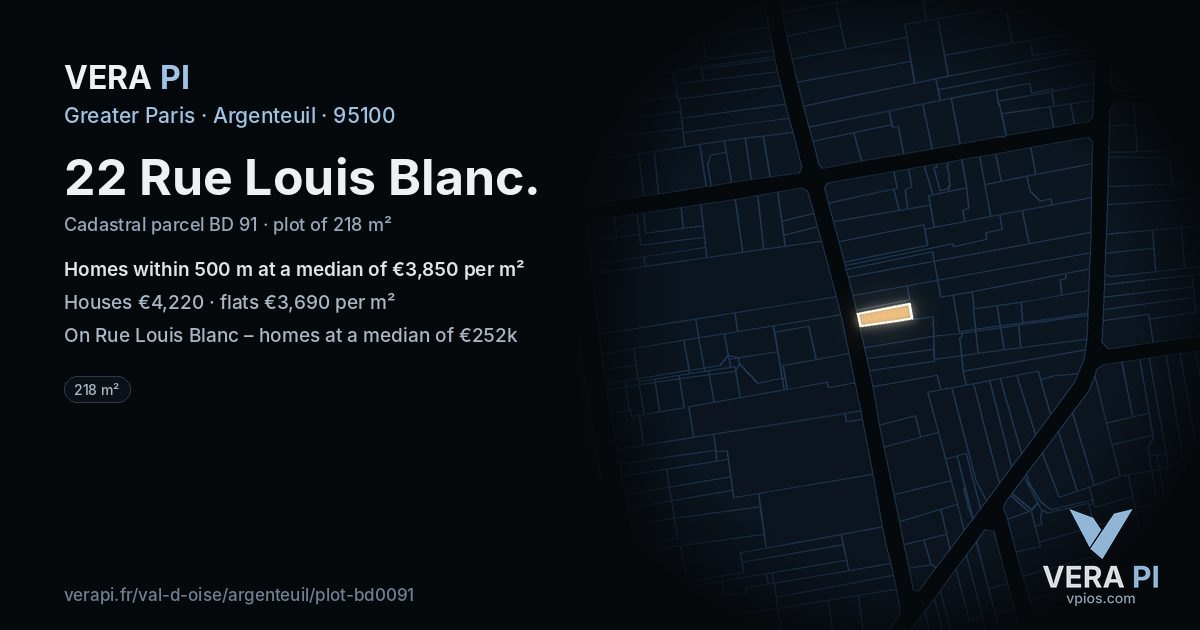 22 Rue Louis Blanc, Argenteuil at night – the plot lit, the parcels around coloured by the prices near them