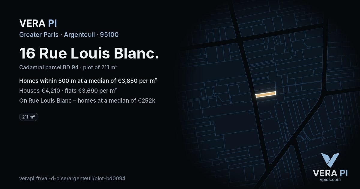 16 Rue Louis Blanc, Argenteuil at night – the plot lit, the parcels around coloured by the prices near them