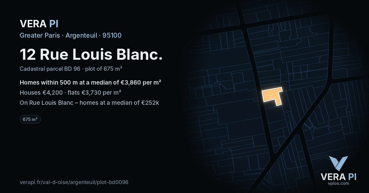 12 Rue Louis Blanc, Argenteuil at night – the plot lit, the parcels around coloured by the prices near them