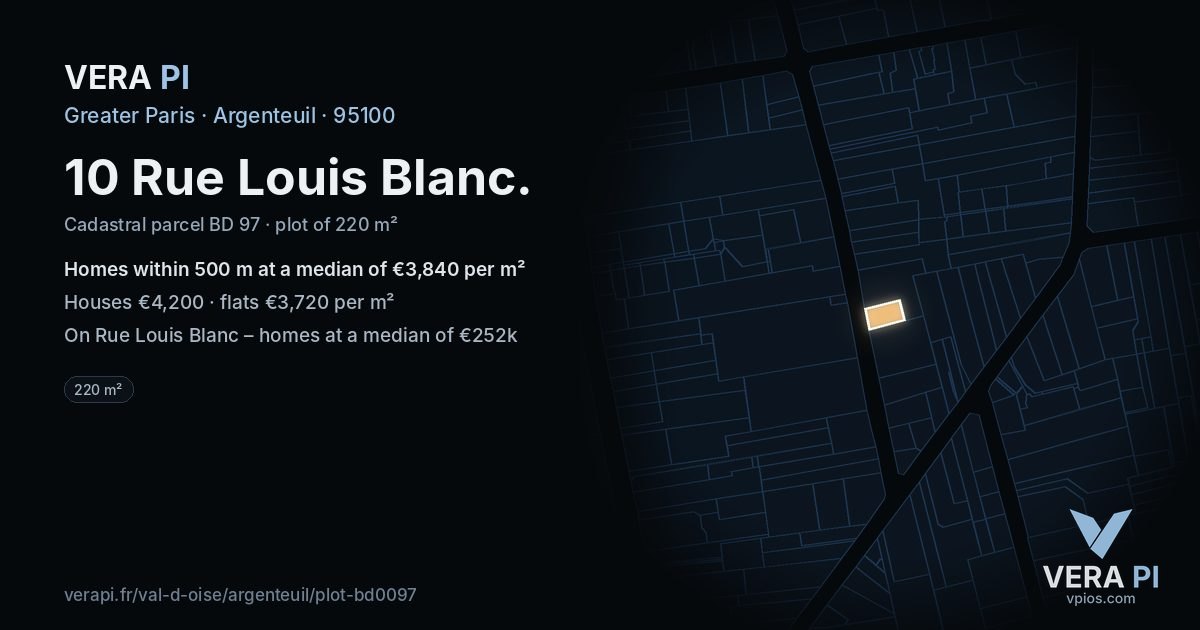 10 Rue Louis Blanc, Argenteuil at night – the plot lit, the parcels around coloured by the prices near them