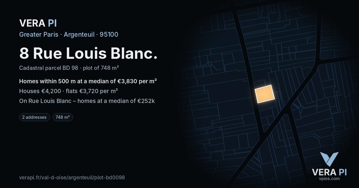 8 Rue Louis Blanc, Argenteuil at night – the plot lit, the parcels around coloured by the prices near them