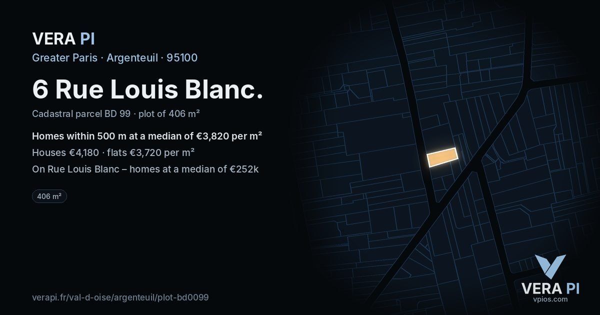 6 Rue Louis Blanc, Argenteuil at night – the plot lit, the parcels around coloured by the prices near them