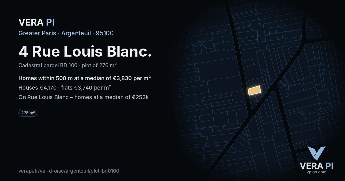 4 Rue Louis Blanc, Argenteuil at night – the plot lit, the parcels around coloured by the prices near them
