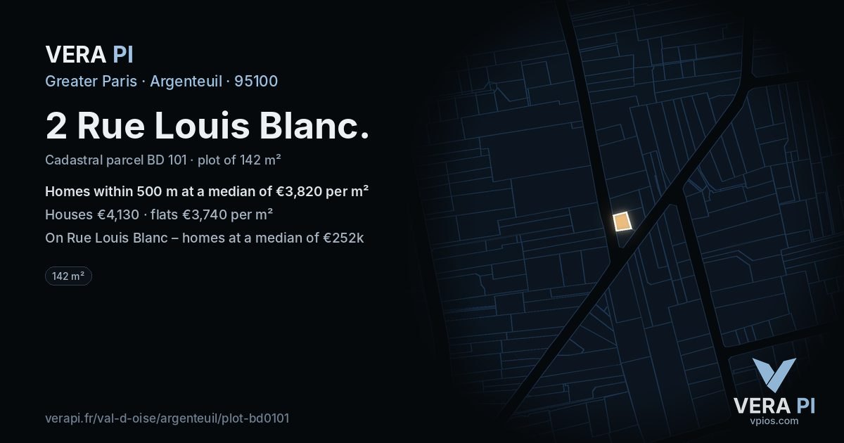 2 Rue Louis Blanc, Argenteuil at night – the plot lit, the parcels around coloured by the prices near them