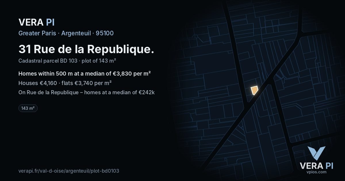 31 Rue de la Republique, Argenteuil at night – the plot lit, the parcels around coloured by the prices near them
