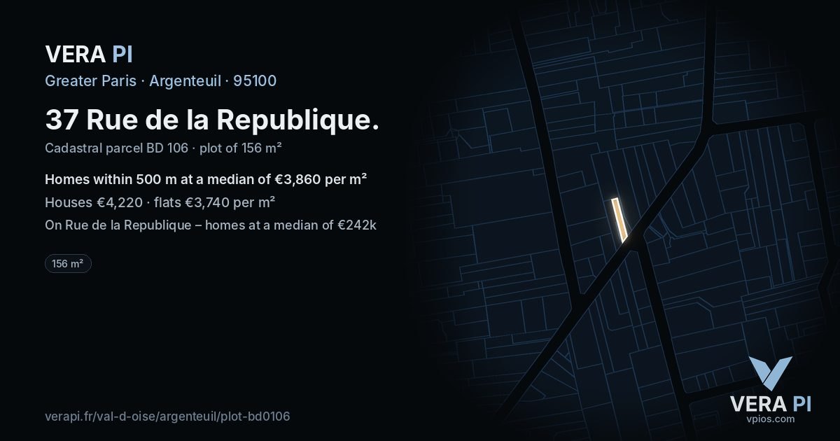 37 Rue de la Republique, Argenteuil at night – the plot lit, the parcels around coloured by the prices near them