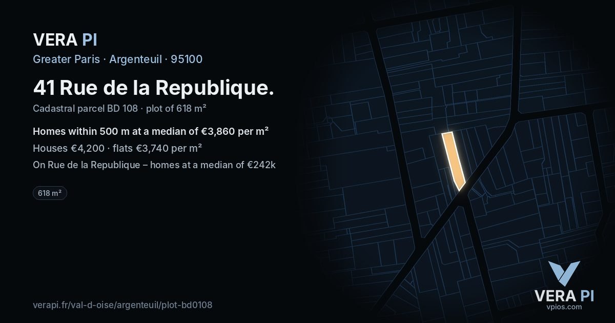 41 Rue de la Republique, Argenteuil at night – the plot lit, the parcels around coloured by the prices near them