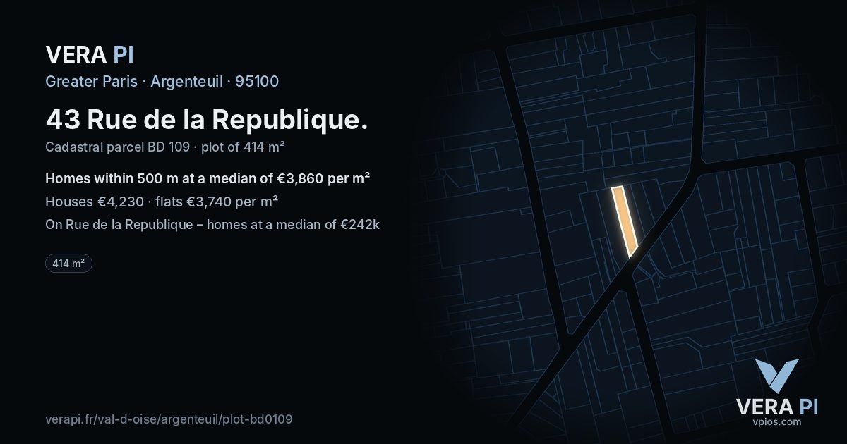 43 Rue de la Republique, Argenteuil at night – the plot lit, the parcels around coloured by the prices near them