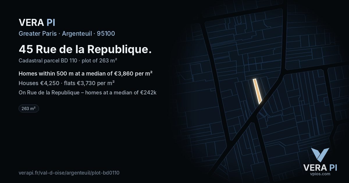 45 Rue de la Republique, Argenteuil at night – the plot lit, the parcels around coloured by the prices near them