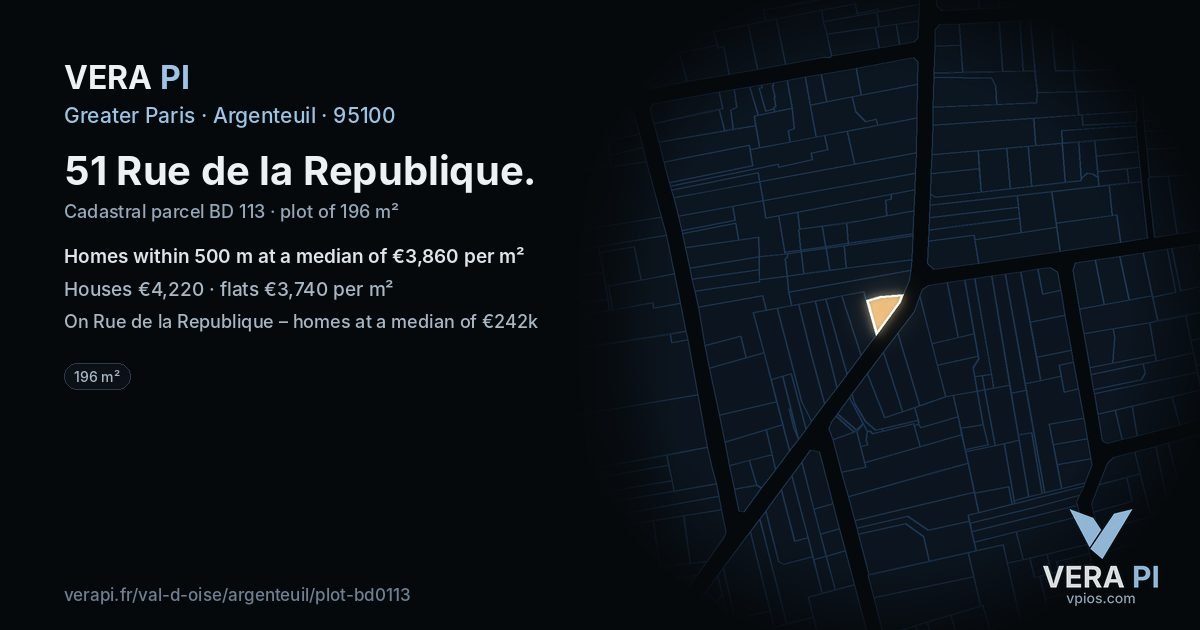 51 Rue de la Republique, Argenteuil at night – the plot lit, the parcels around coloured by the prices near them