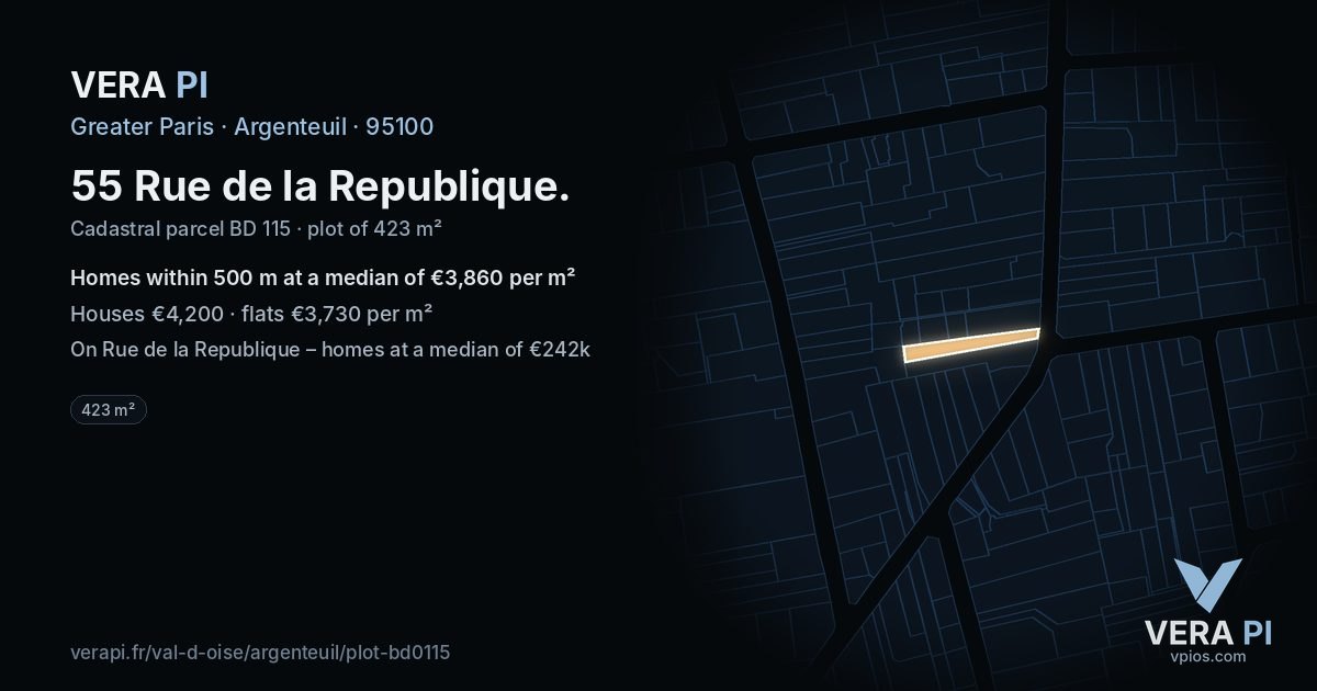 55 Rue de la Republique, Argenteuil at night – the plot lit, the parcels around coloured by the prices near them