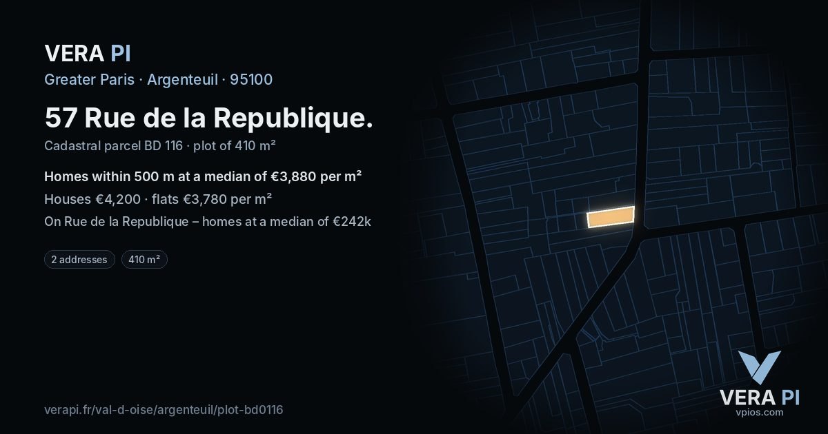 57 Rue de la Republique, Argenteuil at night – the plot lit, the parcels around coloured by the prices near them