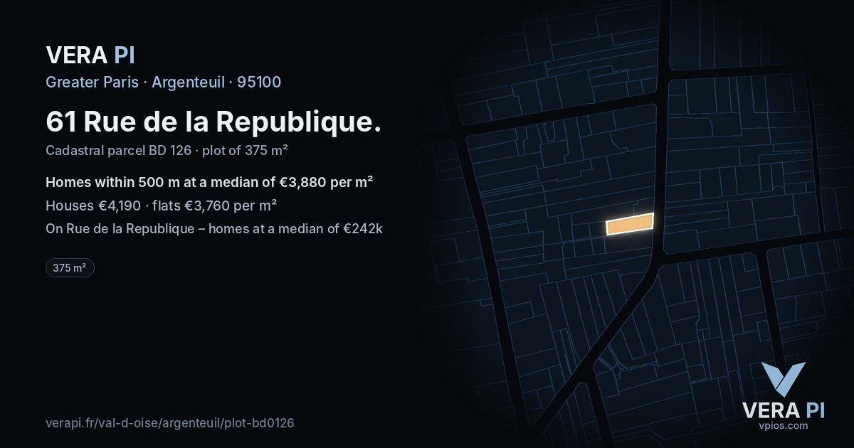 61 Rue de la Republique, Argenteuil at night – the plot lit, the parcels around coloured by the prices near them