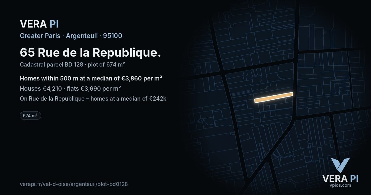 65 Rue de la Republique, Argenteuil at night – the plot lit, the parcels around coloured by the prices near them