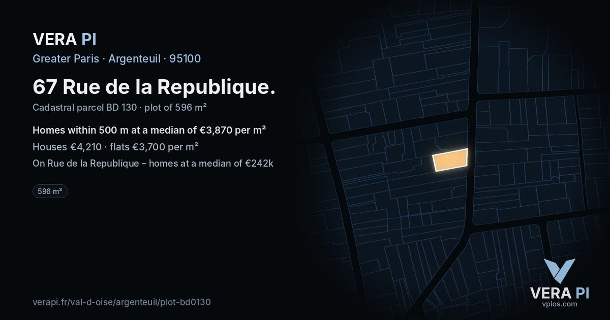 67 Rue de la Republique, Argenteuil at night – the plot lit, the parcels around coloured by the prices near them