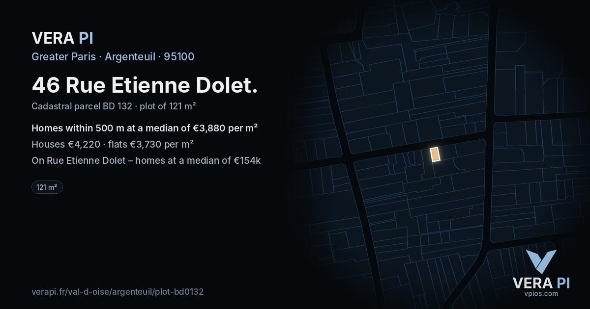 46 Rue Etienne Dolet, Argenteuil at night – the plot lit, the parcels around coloured by the prices near them
