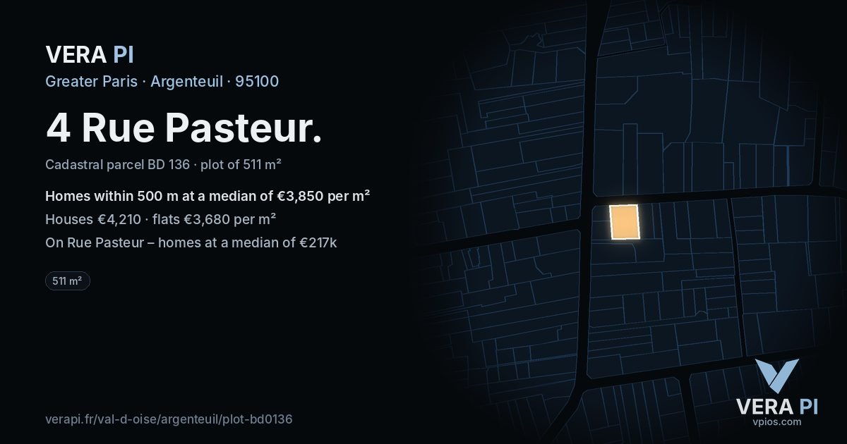 4 Rue Pasteur, Argenteuil at night – the plot lit, the parcels around coloured by the prices near them