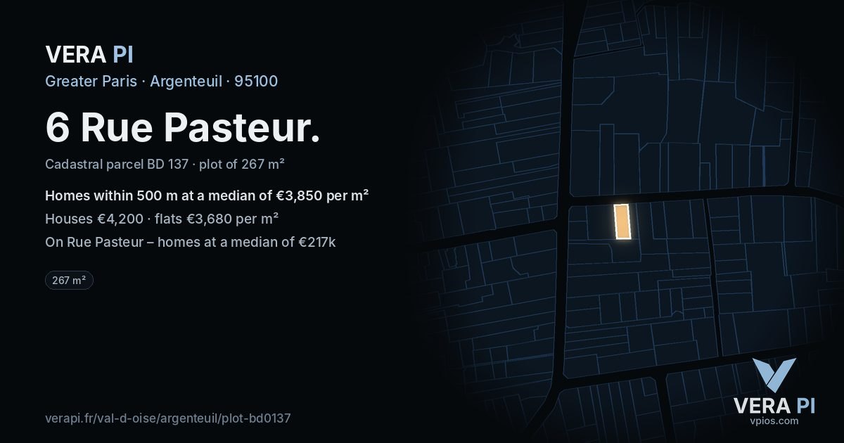 6 Rue Pasteur, Argenteuil at night – the plot lit, the parcels around coloured by the prices near them