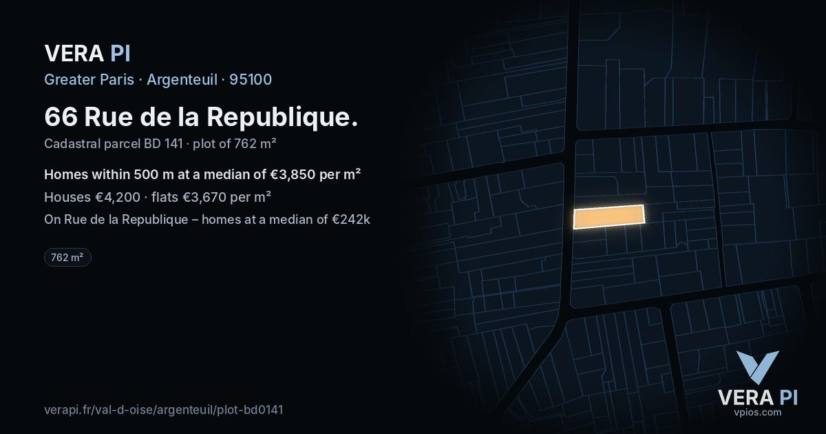 66 Rue de la Republique, Argenteuil at night – the plot lit, the parcels around coloured by the prices near them
