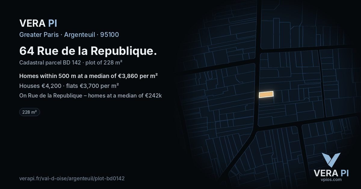64 Rue de la Republique, Argenteuil at night – the plot lit, the parcels around coloured by the prices near them
