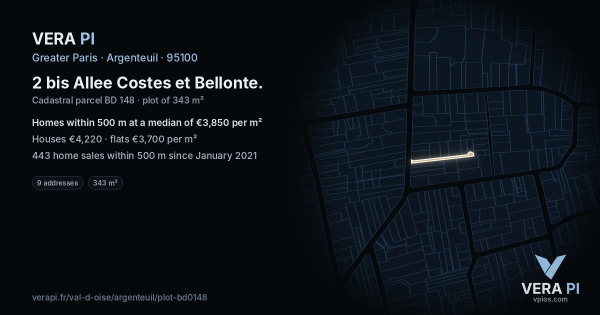 2 bis Allee Costes et Bellonte, Argenteuil at night – the plot lit, the parcels around coloured by the prices near them