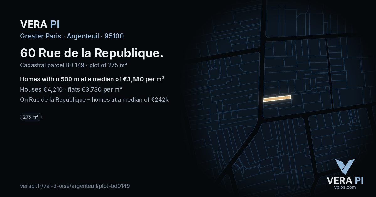 60 Rue de la Republique, Argenteuil at night – the plot lit, the parcels around coloured by the prices near them
