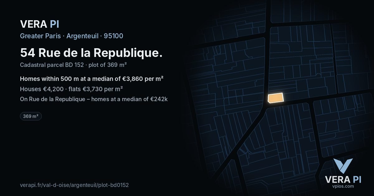 54 Rue de la Republique, Argenteuil at night – the plot lit, the parcels around coloured by the prices near them