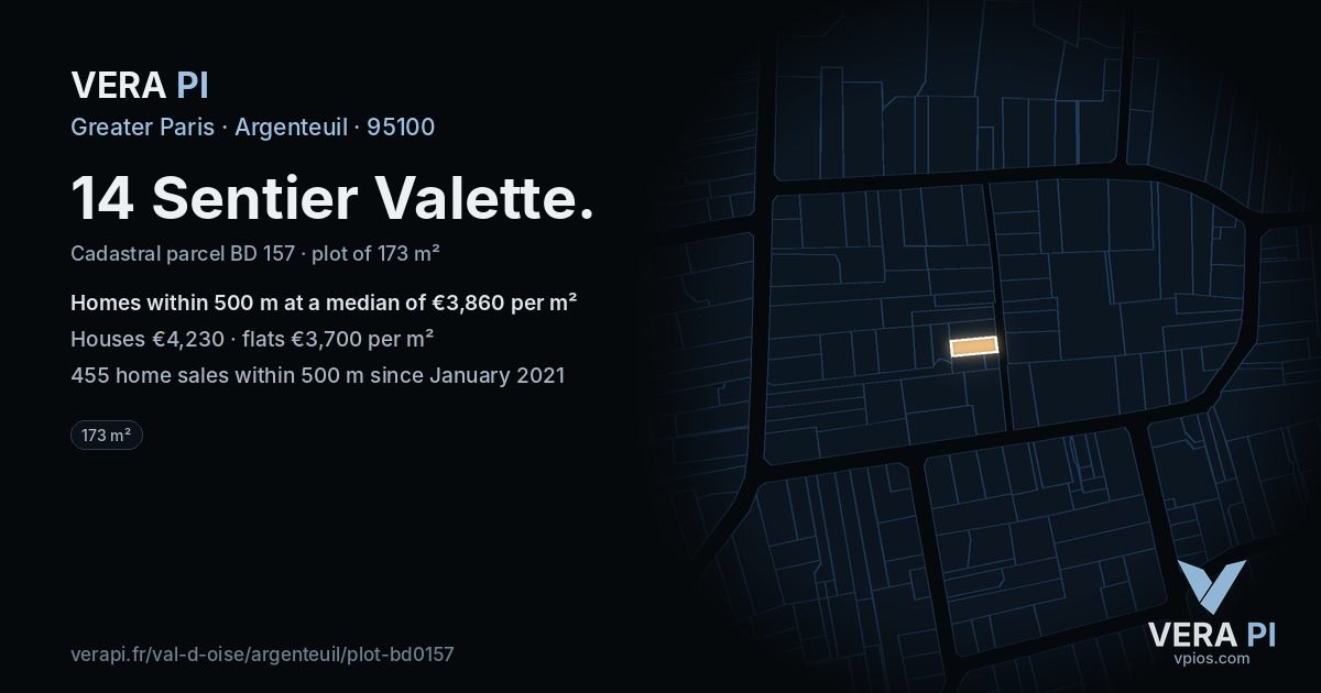 14 Sentier Valette, Argenteuil at night – the plot lit, the parcels around coloured by the prices near them