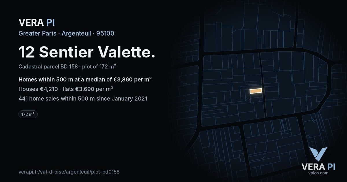 12 Sentier Valette, Argenteuil at night – the plot lit, the parcels around coloured by the prices near them